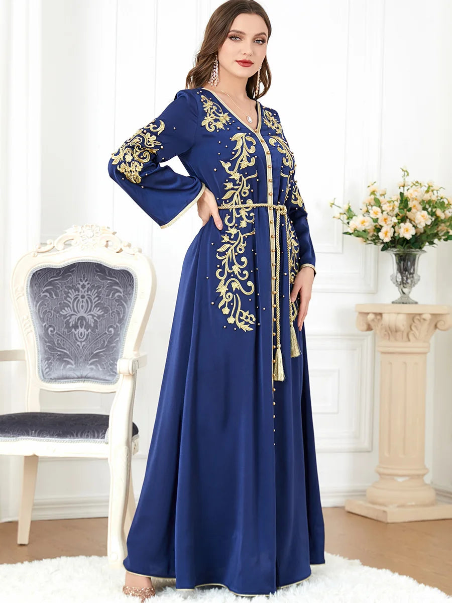 Elegant Beaded V-Neck Dress - Luxerious Eid Party Kaftan