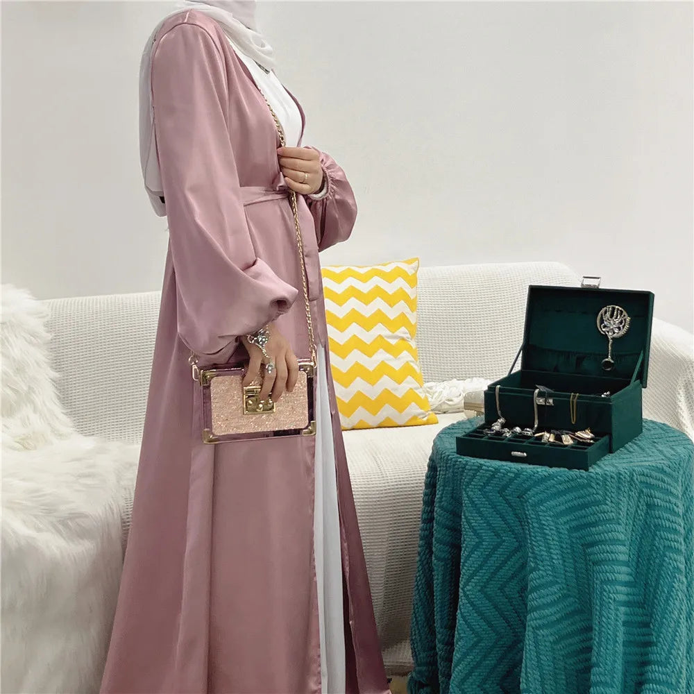 Elegant Satin Abaya: Turkey Style with Bubble Sleeves