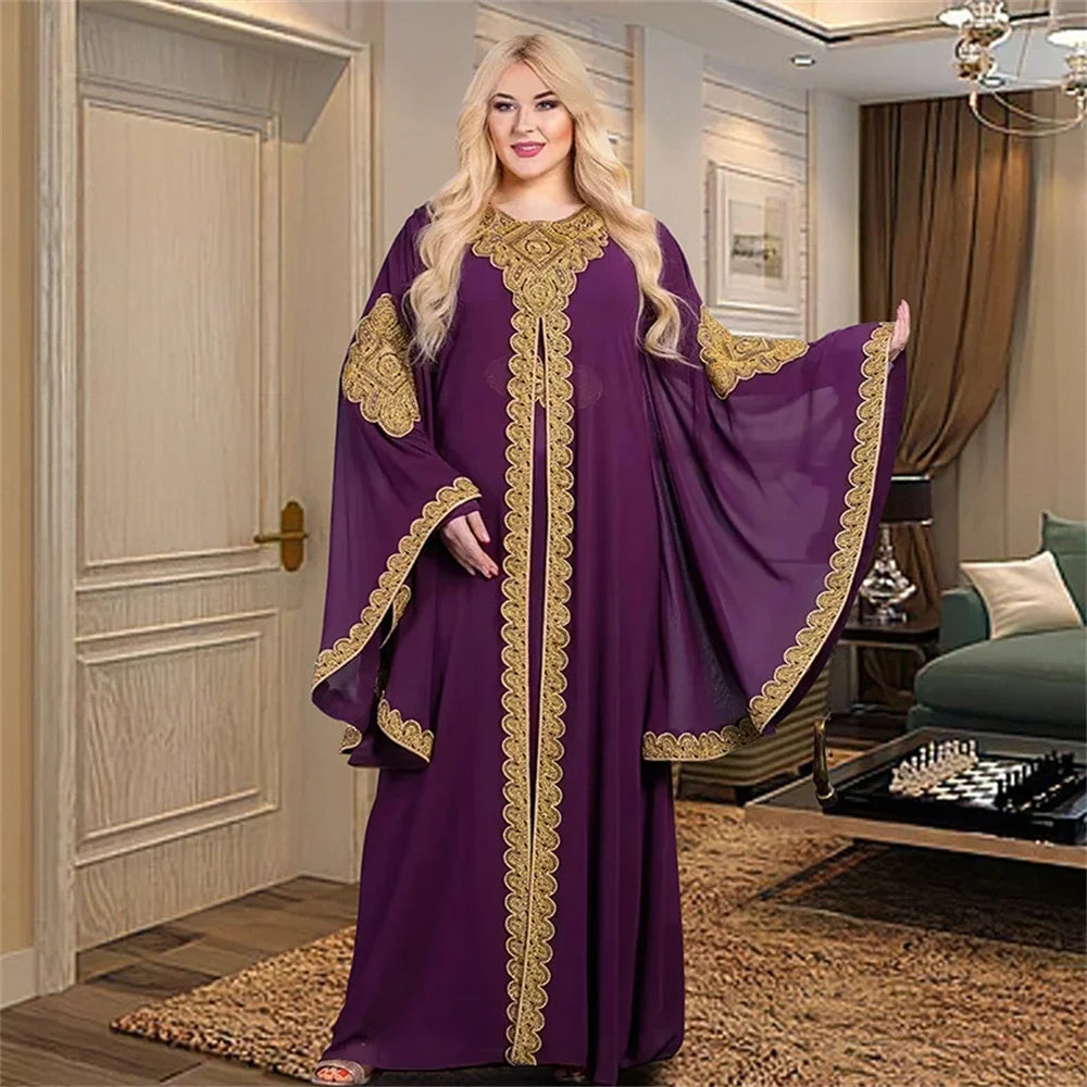 Elegant Two-Piece Gold Embroidered Kaftan Set