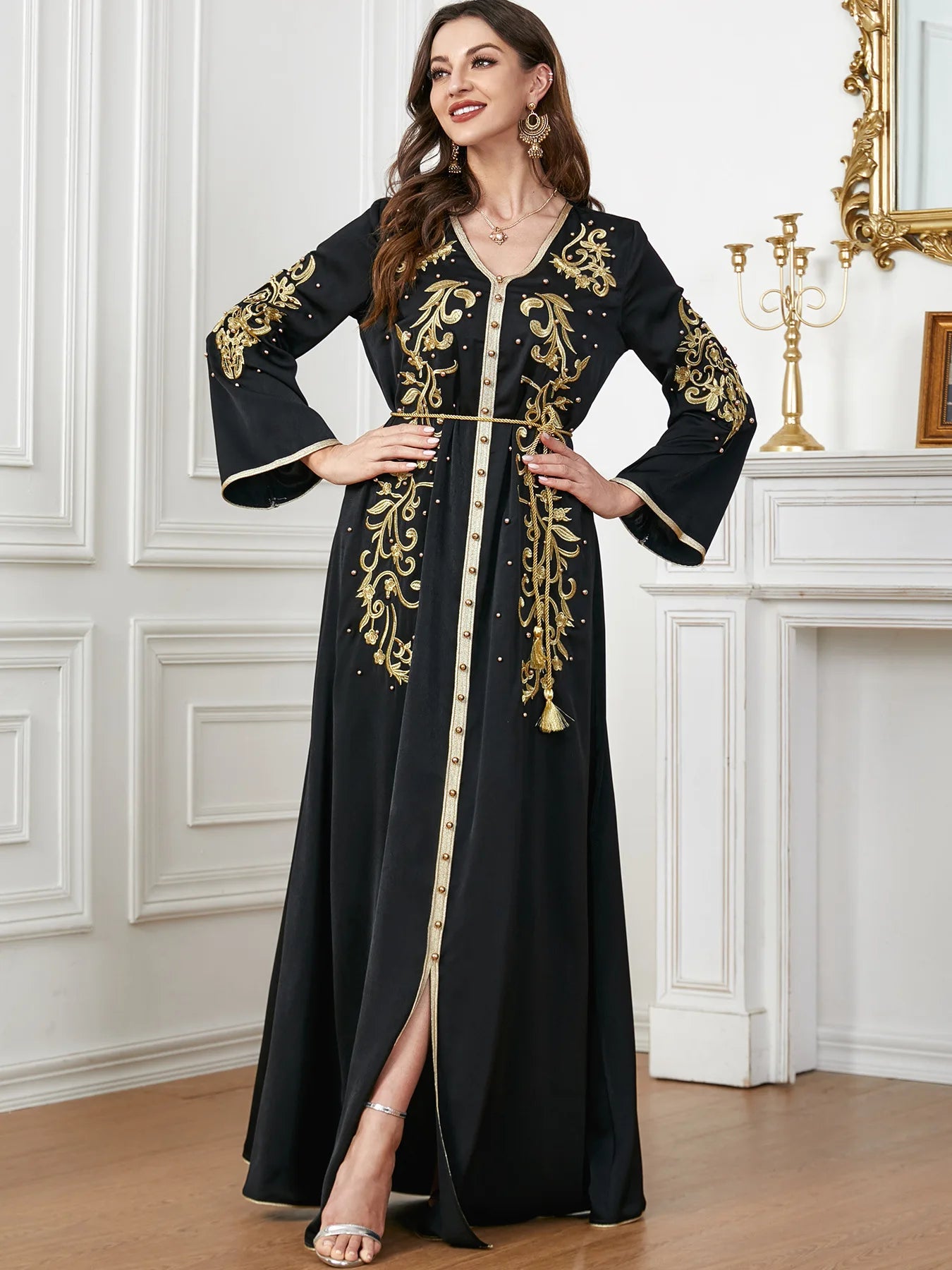 Elegant Beaded V-Neck Dress - Luxerious Eid Party Kaftan