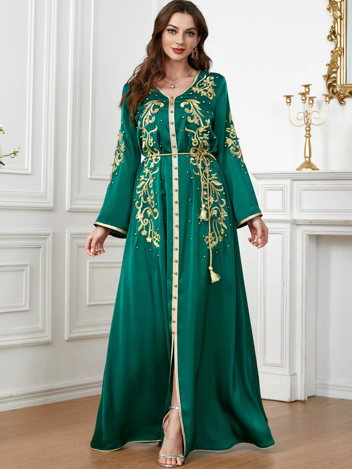 Elegant Beaded V-Neck Dress - Luxerious Eid Party Kaftan